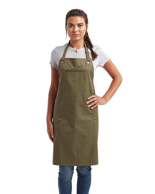 Custom Recycled Bib Apron – Contrast Stitch with Functional Pockets SOYT Printing Company Olive/ Chestnut
