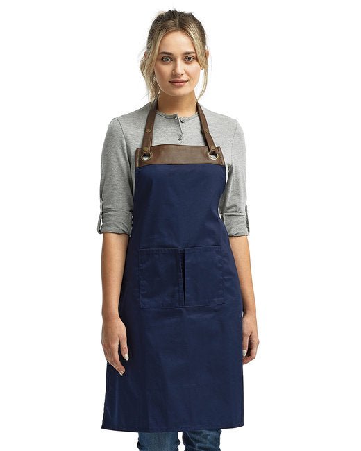 Custom Espresso Bib Apron – Faux Leather Trim & Adjustable Neckband SOYT Printing Company Navy Blue/ Brown