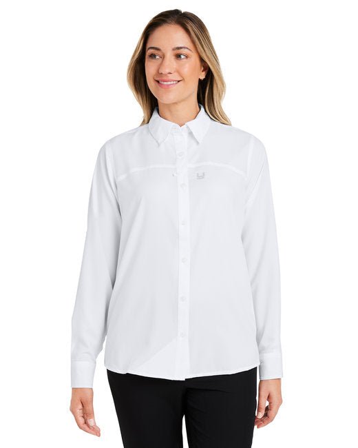 HUK Ladies' Tide Point Long Sleeve Shirt – Protective, Stretchable, and Stylish Huk Small White